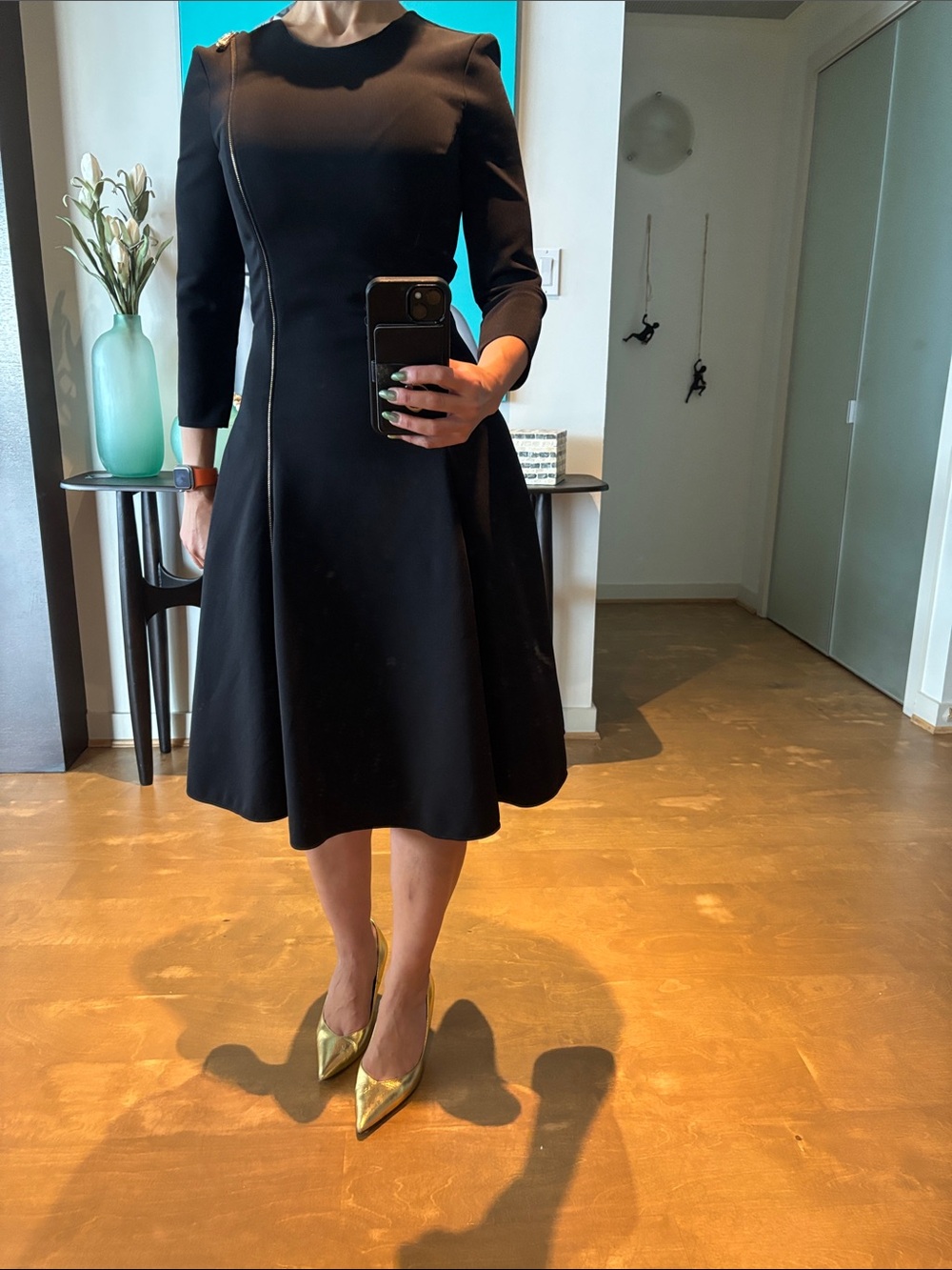 Versace Black Long Sleeve Fit-and-Flare Dress with Gold Zip